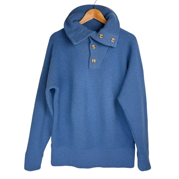 Vtg The Sheepery 100% Virgin Wool Sz 44 Blue Ribbed Knit Button Placket Collar